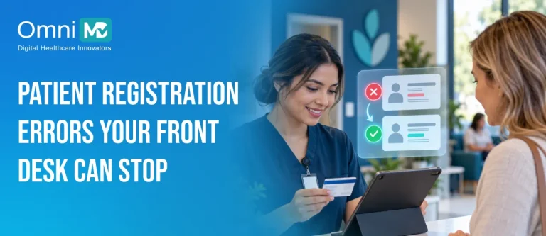 Front desk staff member checking a patient's insurance card on a tablet during digital patient intake