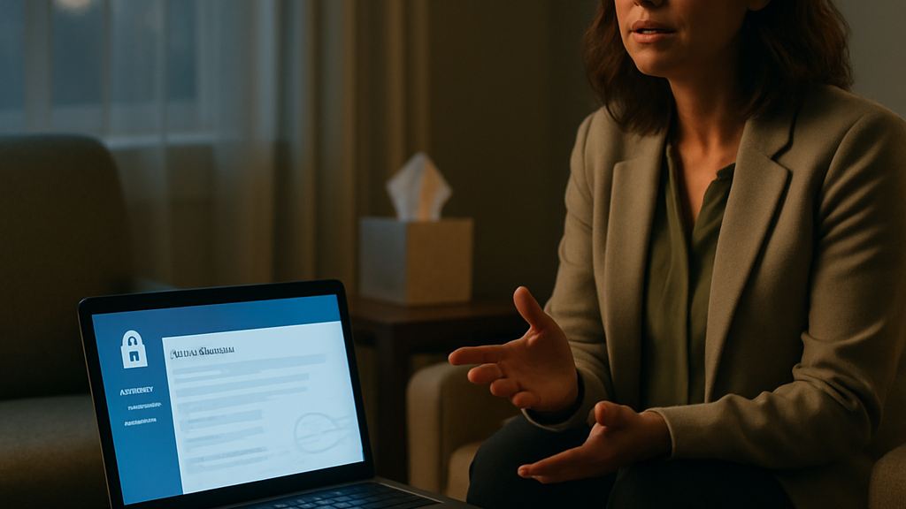 Therapist using HIPAA-compliant AI scribe in a calm behavioral health session