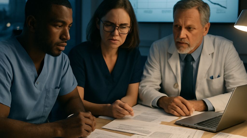 OB/GYN team reviewing 2027 CPT maternity billing documents at clinic desk