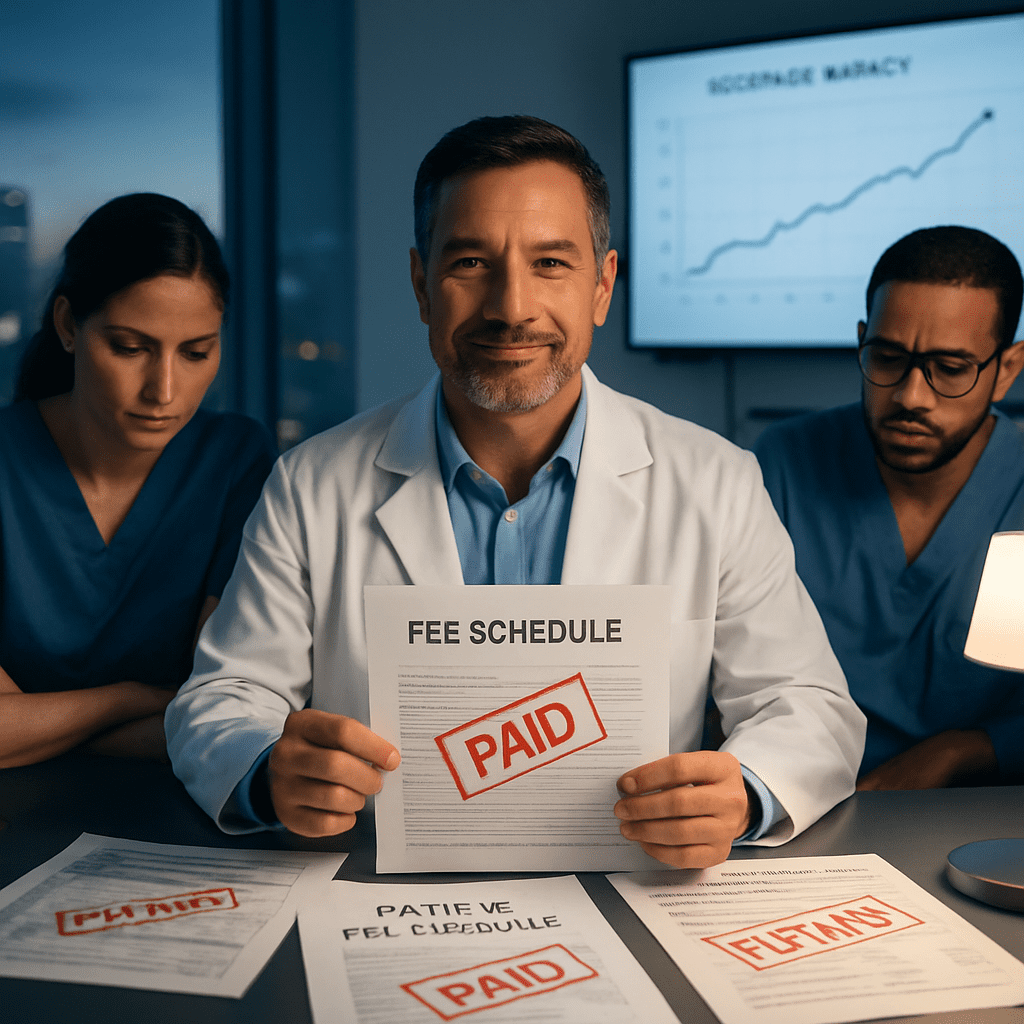 confident practice owner reviewing cash-pay fee schedule at modern clinic desk, professional and satisfied expression