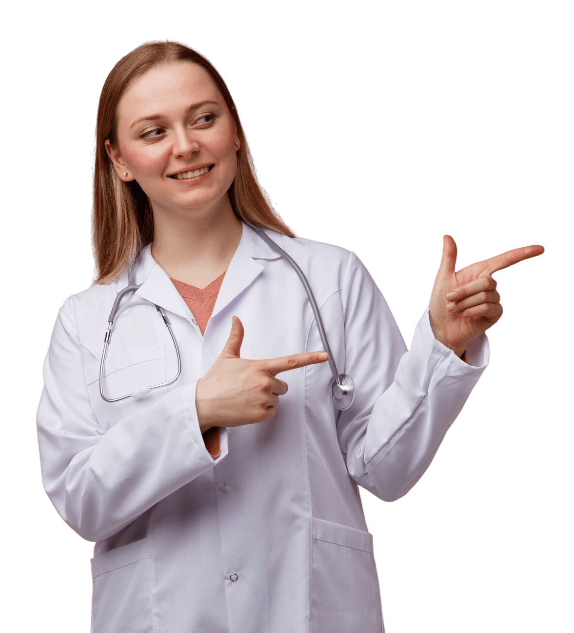 smiling-young-blonde-female-doctor-wearing-medical-robe-stethoscope-around-neck-looking-pointing-side