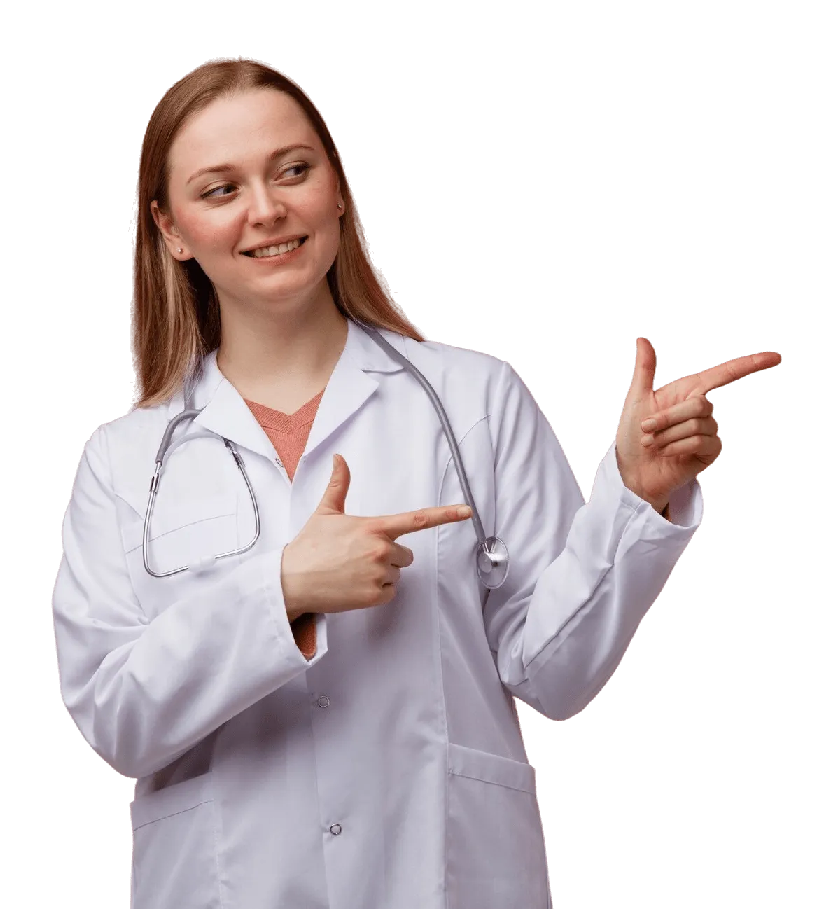 smiling-young-blonde-female-doctor-wearing-medical-robe-stethoscope-around-neck-looking-pointing-side