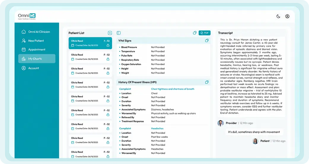 OmniMD AI Clinician workspace with a patient list, structured note sections and a speaker-labeled encounter transcript
