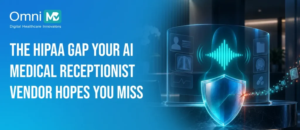 HIPAA compliant AI medical receptionist concept banner showing a cracked security shield, a voice waveform and patient data panels