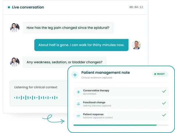 AI medical scribe for pain management drafting an epidural follow-up note with conservative therapy, functional change and patient response